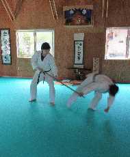 大阪合氣修練道場合宿所で合気道の杖投げを実演している道場長