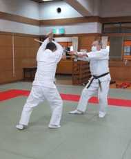 合同稽古にて合気道の武器技(組太刀)で小手に合わせた形